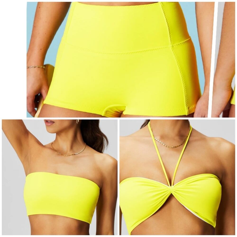 Fabletics NWTs Bandeau Top Shaping Bottoms Swim Suit Bikini Set Sour Lemon Small